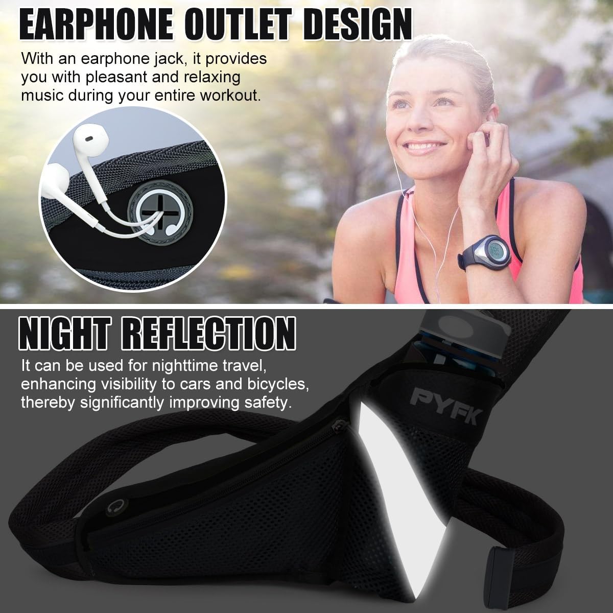 PYFK Running Belt Hydration Waist Pack with Water Bottle Holder for Men Women Waist Pouch Fanny Bag Reflective