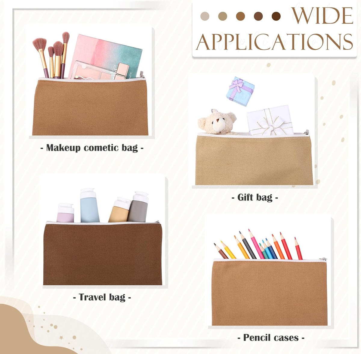 Reginary 10 Pcs Canvas Makeup Bags Bulk Blank Cosmetic Bags,Brown