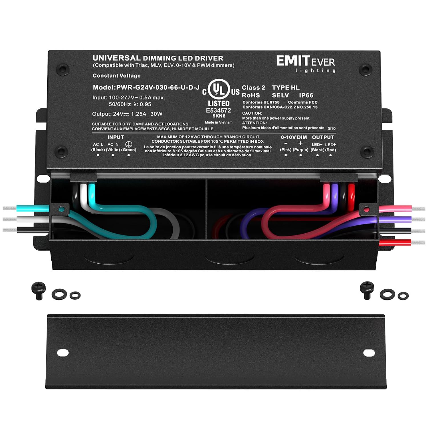 EMITEVER 30W 24V 5-in-1 Dimmable LED Driver,AC 110-277V to DC Power Supply