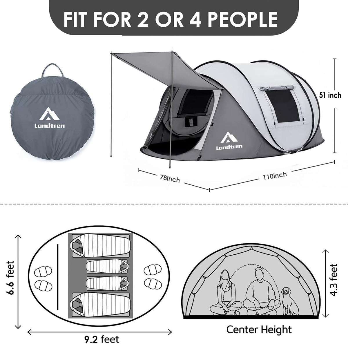 4 Person Easy Pop Up Tent Waterproof Automatic Setup 2 Doors-Instant Family Tents for Camping Hiking & Traveling