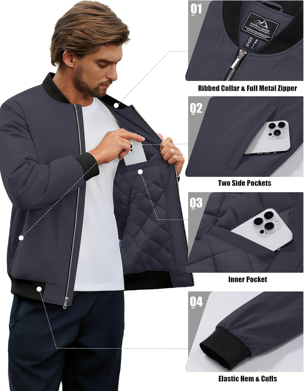 Cotrasen Men's Bomber Jacket Fall Winter Windbreaker Warm Quilted Coats