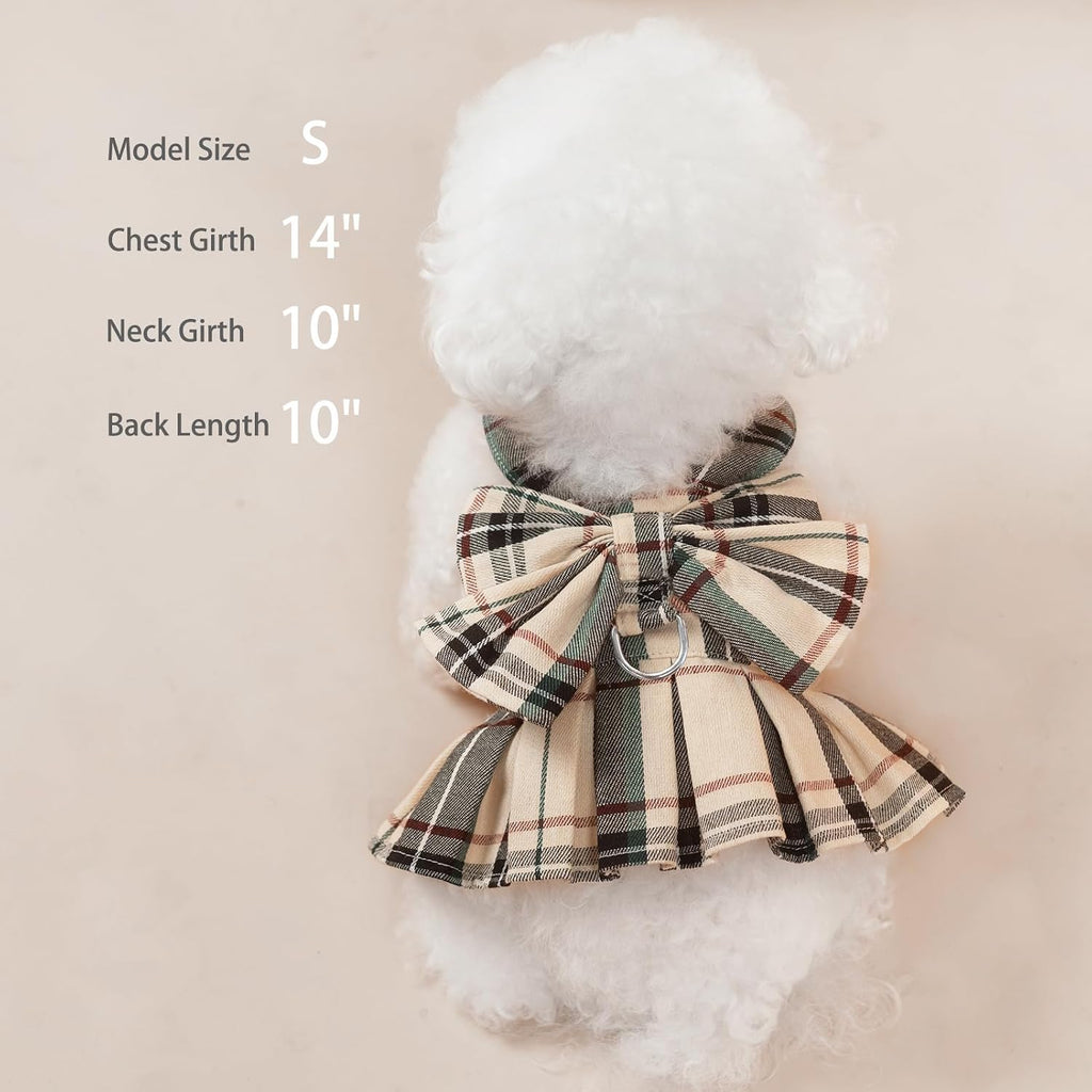 PUPTECK Classic Plaid Dog Dress with Bowknot Harness and Leash Set S