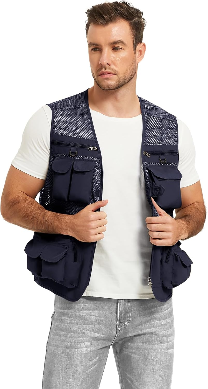 Flygo Men's Fishing Vest Utility Lightweight Outdoor Travel Safari Photo Cargo Vest with 16 Pockets
