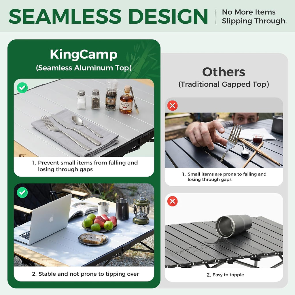 KingCamp 53.5" Bamboo Aluminum Camping Table, 265 LBS Roll-Up Table