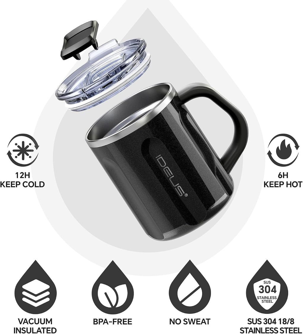 Ideus 16 oz Insulated Coffee Mug with Lid and Handle (Storm Black)