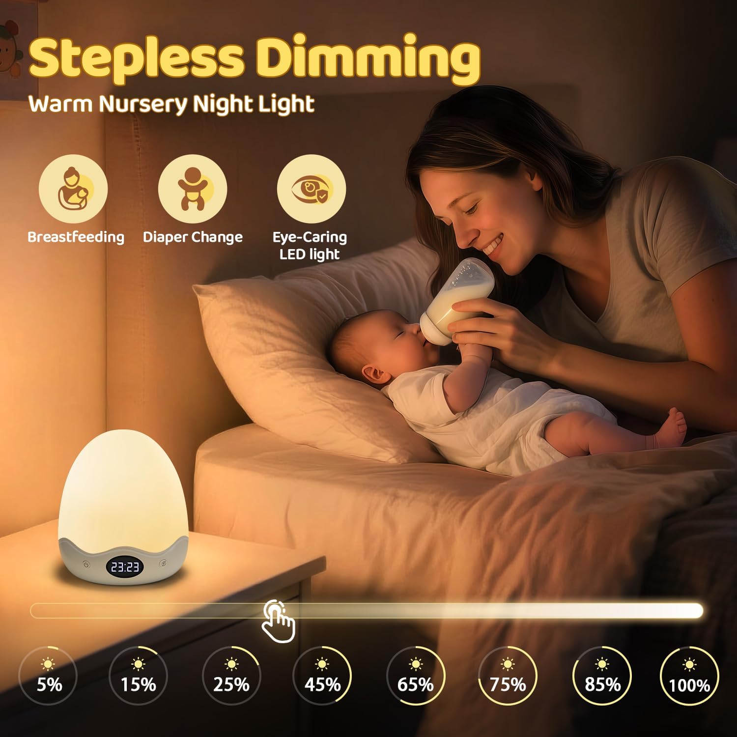 COOLNIGHT Egg Light with Clock,Stepless Dimming&10 Colors Baby Night Light