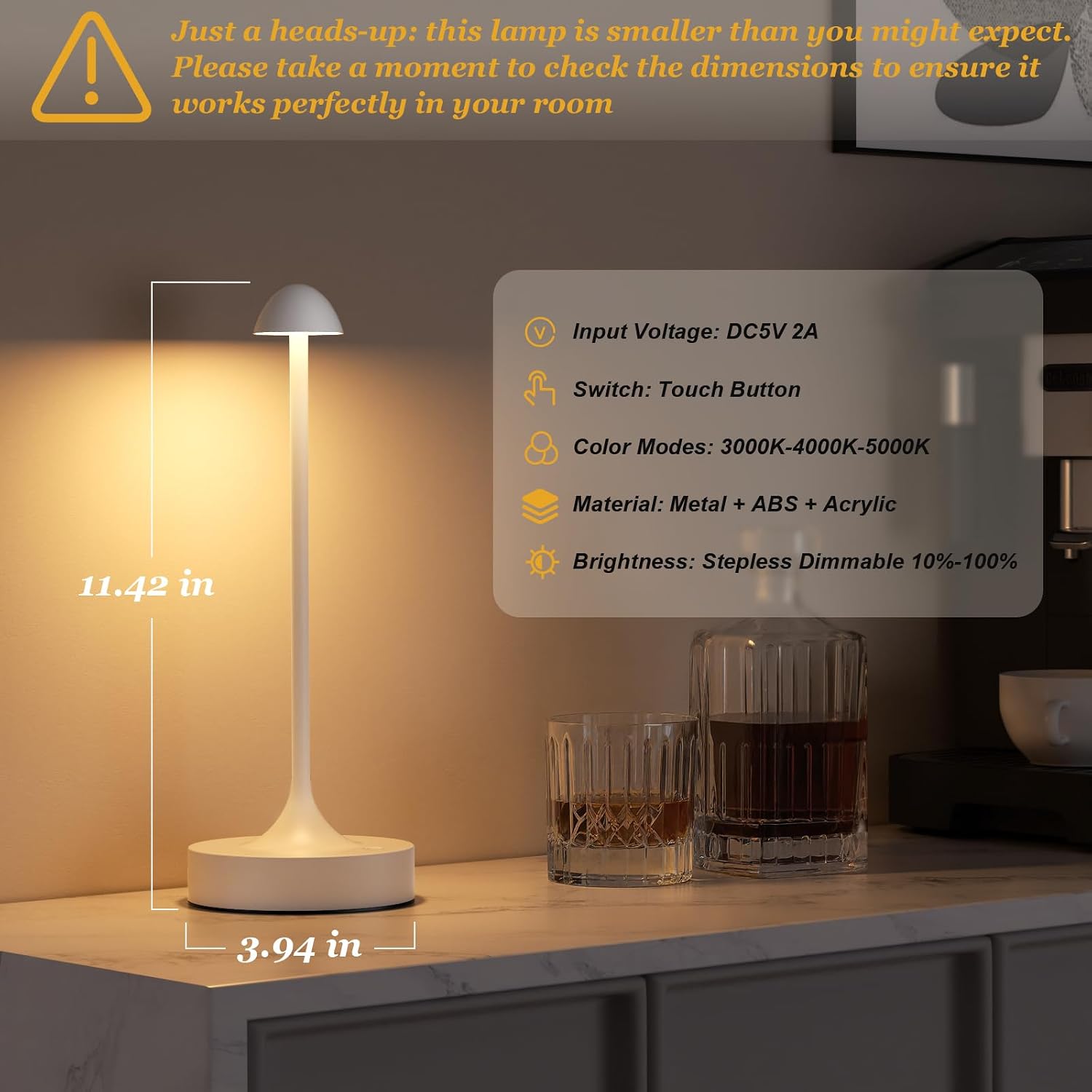 Kakanuo Rechargeable Cordless Table Lamp, Battery Operated Lamps, 3-Color Stepless Dimming, Portable Wireless Desk Lamp, LED Lighting for Dining Room, Restaurant, Office, Bar, Home(White 2 Pack)
