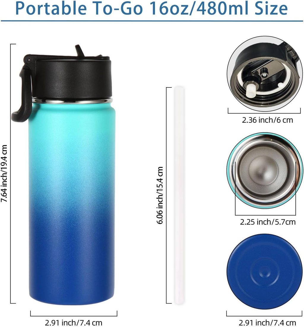 Volhoply 16 OZ Kids Water Bottle Bulk 2 Pack,Insulated Sports Bottles with Straw Lid,Stainless Steel Bottle with Handle Keep Cold & Hot,Double Wall Vacuum Tumbler Cups for School(Green Blue, 2)