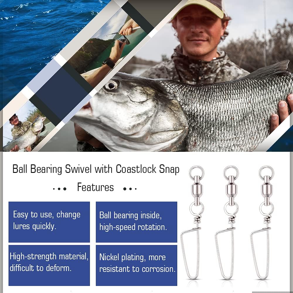 AMYSPORTS Clips Steel Snap Swivels Fishing Ball Bearing Swivels Fishing Saltwater Heavy Barrel Fishing Swivels Stainless White Nickel