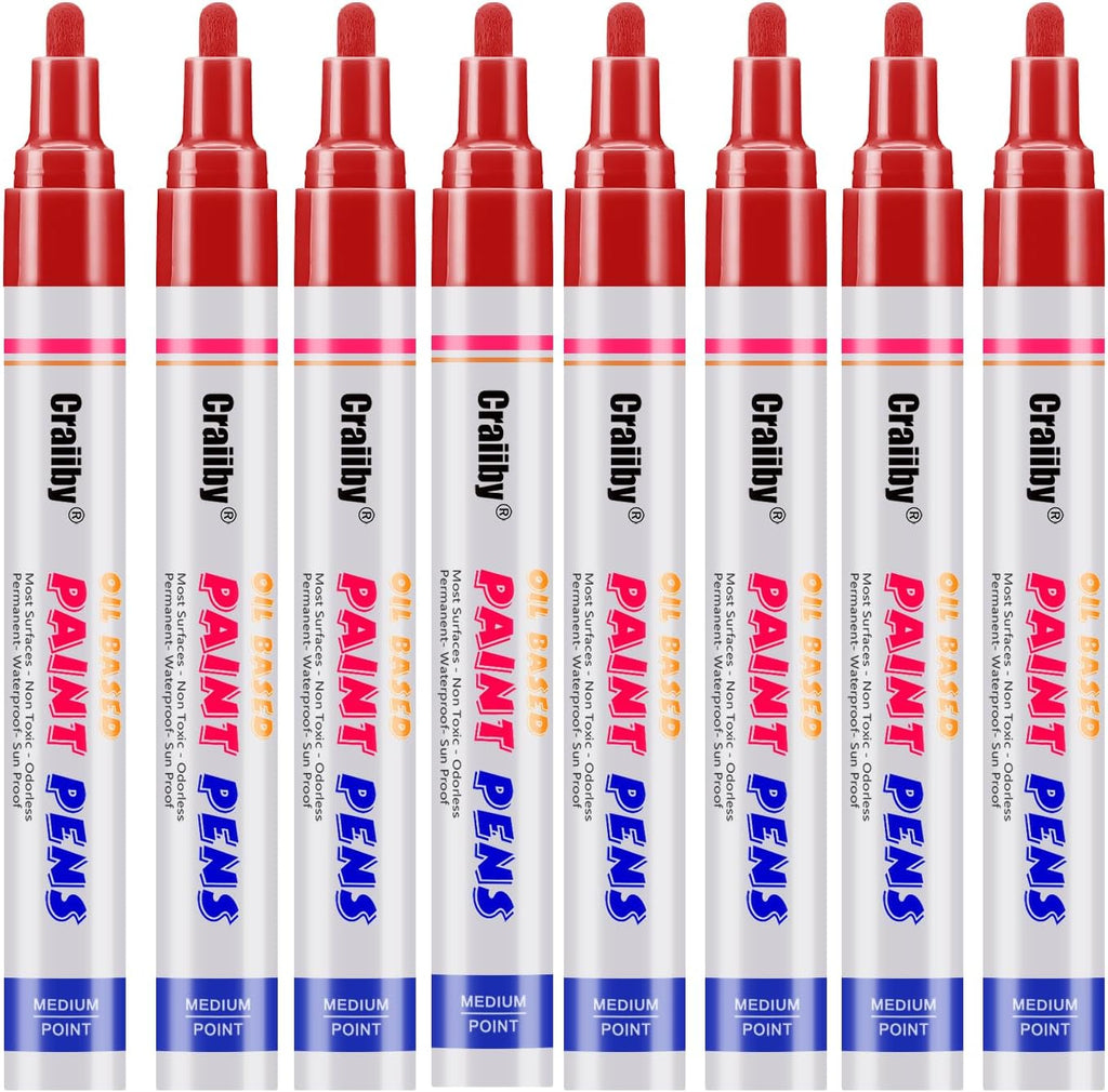 Red Paint Markers, 8 Pack Oil-Based Waterproof Quick Dry Permanent Paint Pen Set for Rocks Painting, Wood, Fabric, Plastic, Canvas, Glass, Mugs, Metal, Tire, Stone, DIY Craft