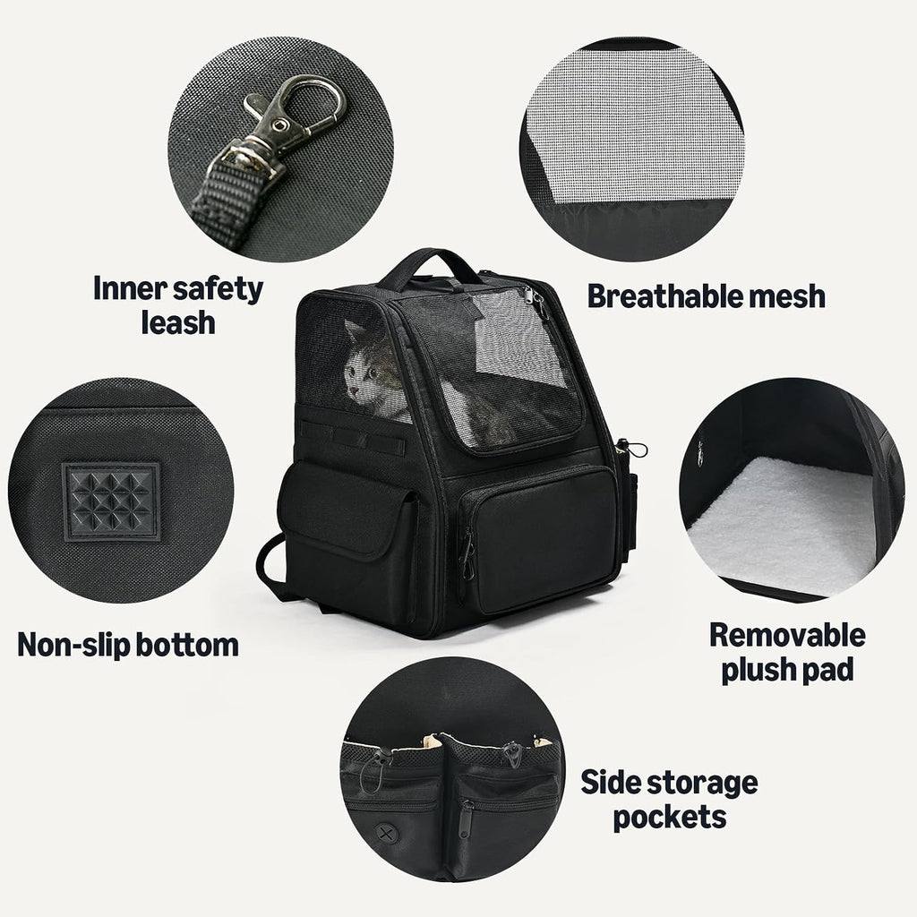 Amazon Basics Pet Backpack for Cats & Small Dogs, Collapsible Travel Carrier with Ventilated Mesh, Removable Pad, and Safety Leash, Black