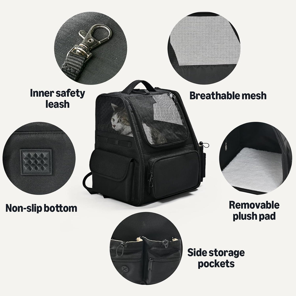 Amazon Basics Pet Backpack for Cats & Small Dogs, Collapsible Travel Carrier with Ventilated Mesh, Removable Pad, and Safety Leash, Black