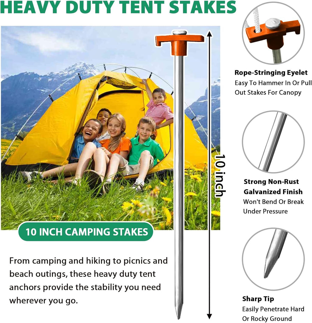 Eurmax USA 10-Pack Secure Protection Galvanized Tent Stakes,Rust-Proof Steel Canopy Anchors for High Winds,Heavy Duty Commercial Ground Pegs for Camping,Pop Up Tents&Gazebos - Includes 4x10ft Ropes