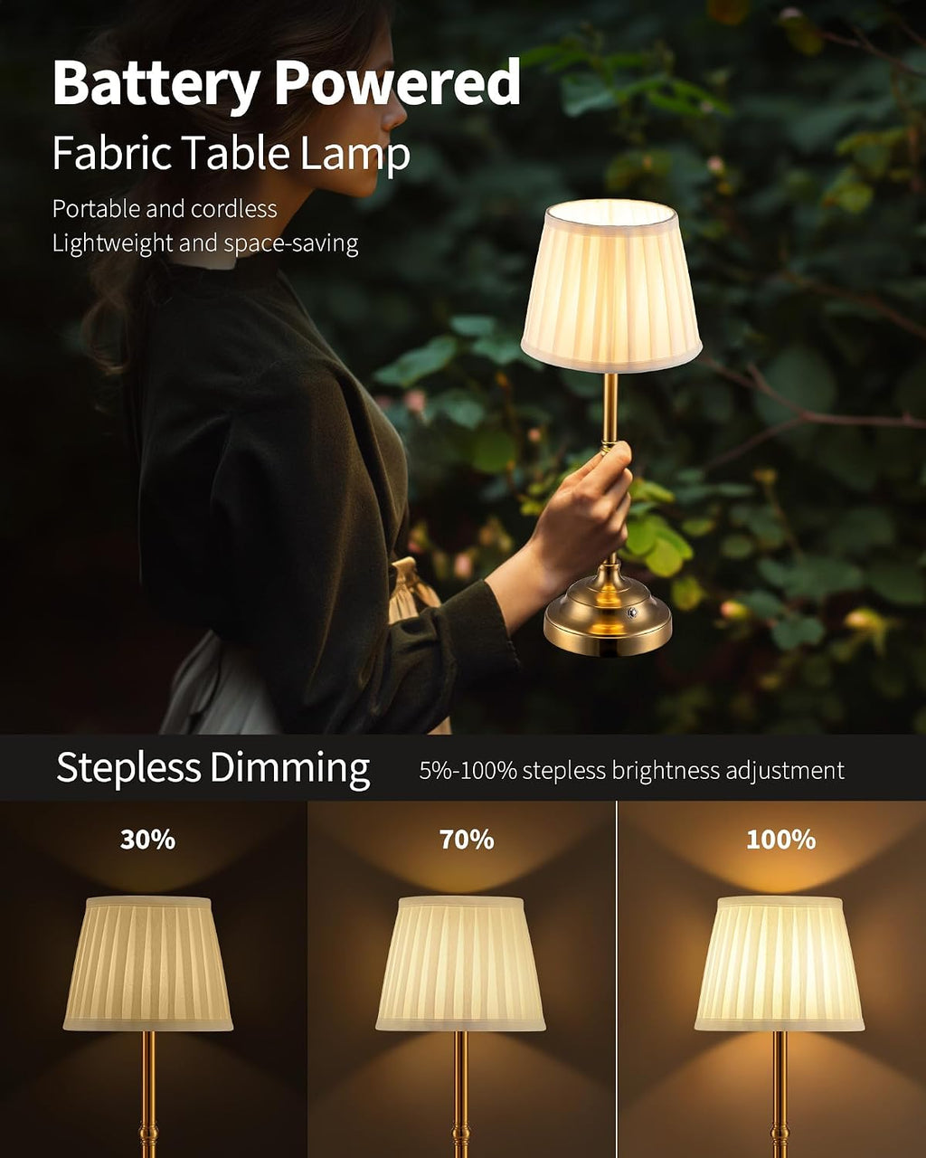KDG Gold Cordless Portable LED Table Lamp, Beige Fabric Shade Desk Lamp