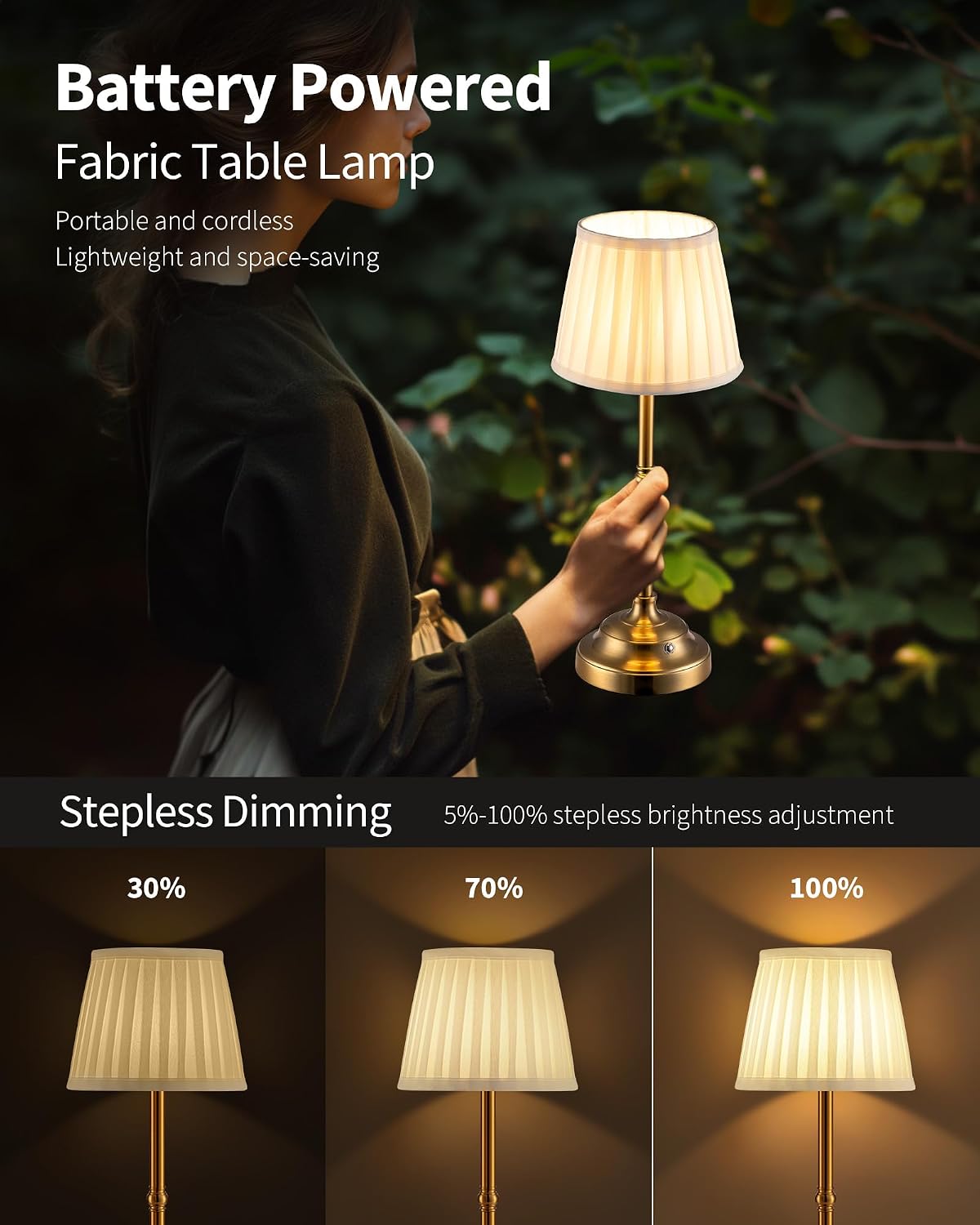 KDG Gold Cordless Portable LED Table Lamp, Beige Fabric Shade Desk Lamp