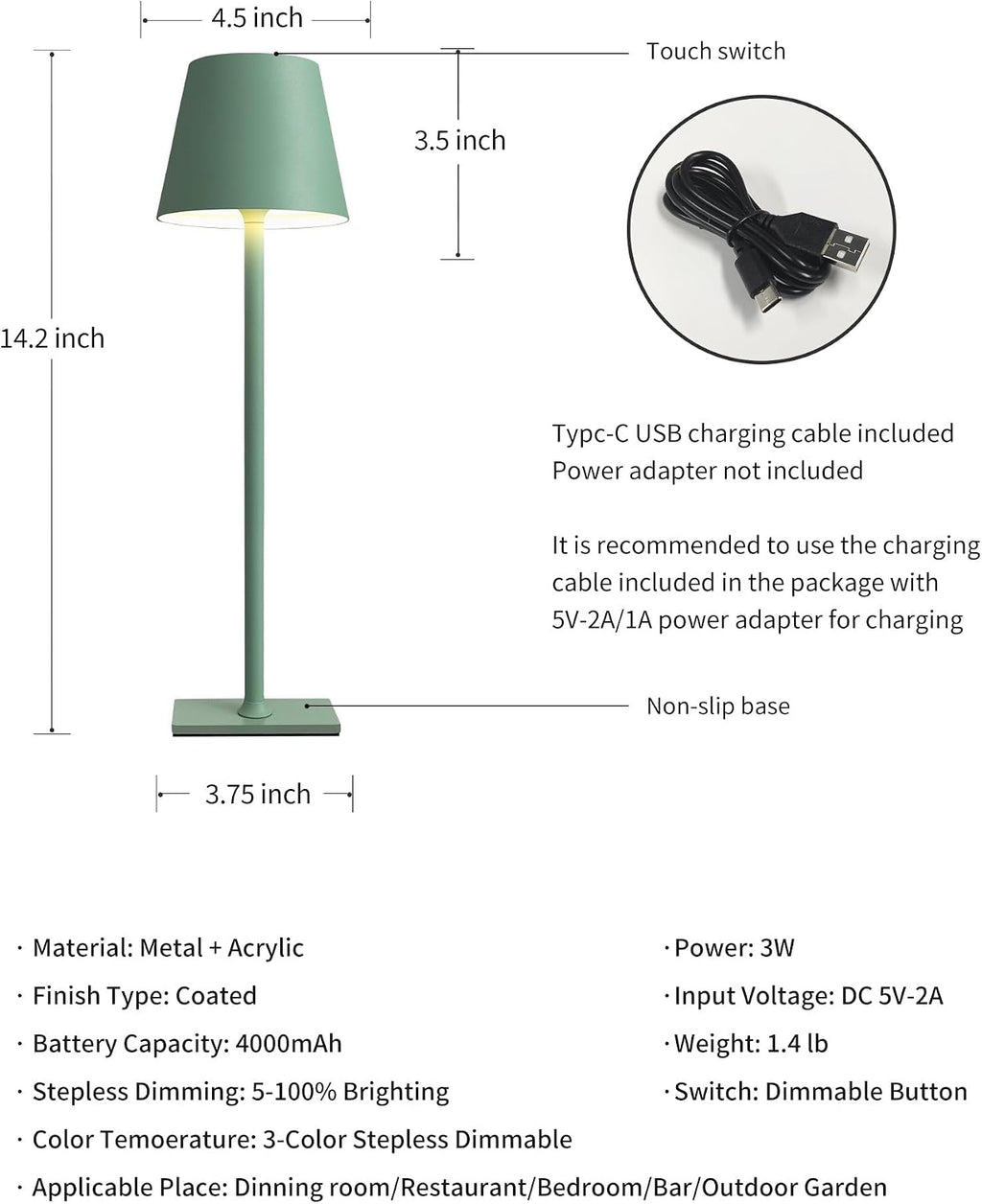 KDG 2 Pack Cordless Green Table Lamps, Rechargeable Portable LED Desk Lamps