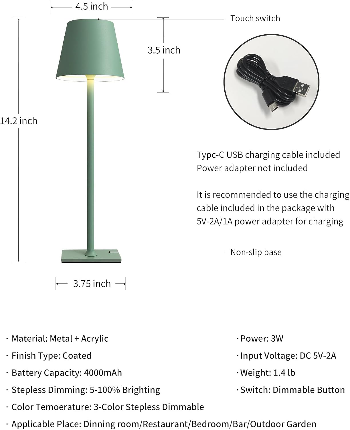 KDG 2 Pack Cordless Green Table Lamps, Rechargeable Portable LED Desk Lamps
