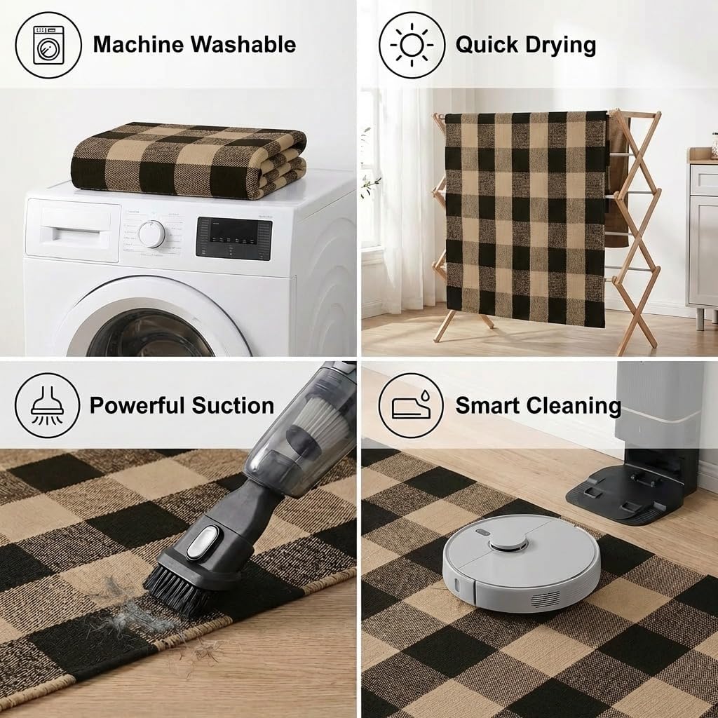 MUBIN Fall Decor Cotton Buffalo Plaid Rug, 3' x 5' Coffee Black Outdoor Rug Front Door Decorative Mat, Washable Doormat Hand-Woven Foldable Area Rug Layered Door Mats Rug for Front Porch, Entryway