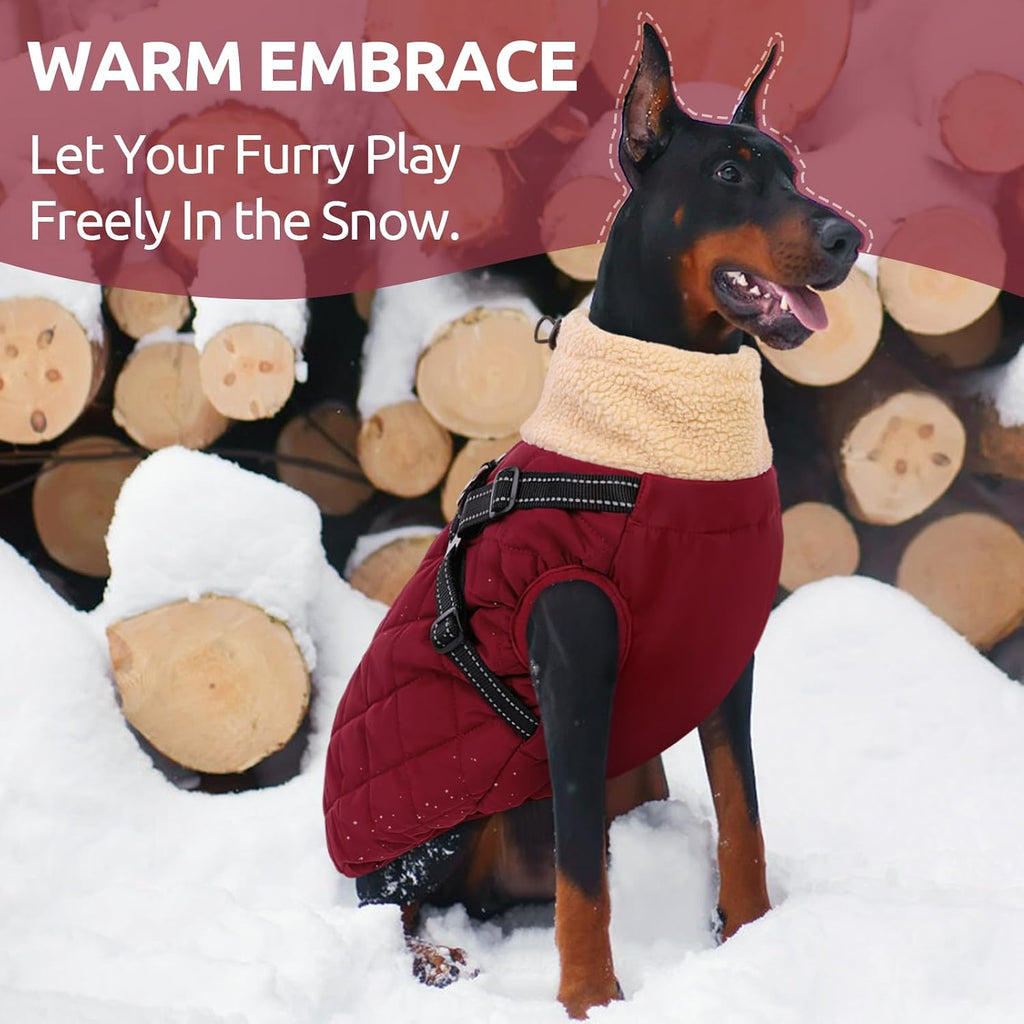 Queenmore Dog Winter Jacket, Dog Coat for Large Dogs with Harness Built in