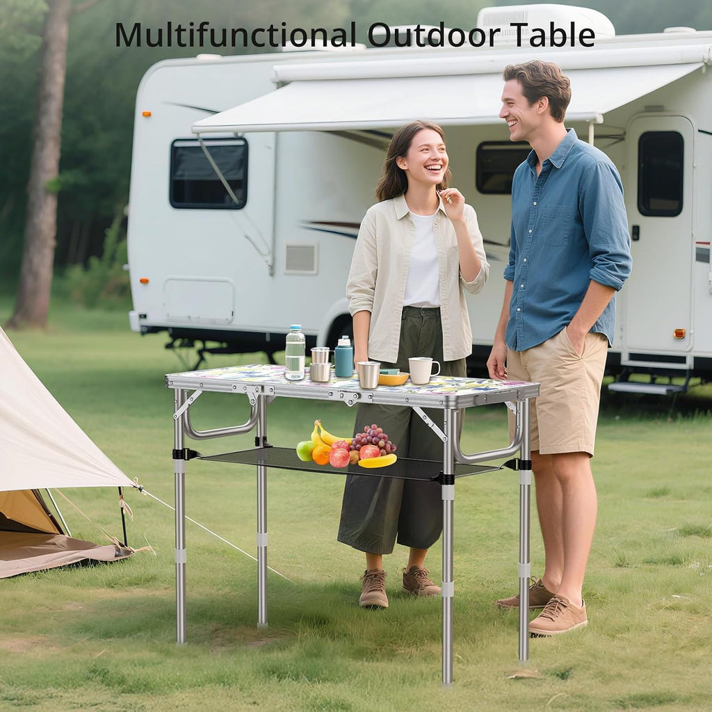 Anbte 3ft Folding Camping Table, 3 Adjustable Height Max 27.5",Floral Bloom
