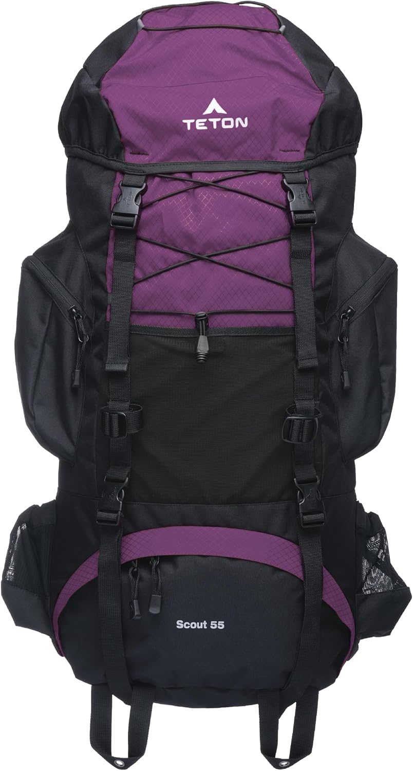 Teton 55L Scout Internal Frame Backpack for Hiking, Camping, Backpacking, Rain Cover Included, Pacific