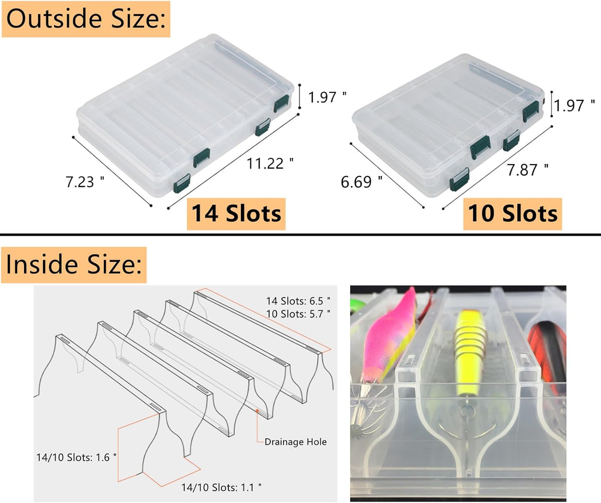 Double-Sided Fishing Lure Hook Tackle Box Visible Hard Plastic Clear Fishing Lure Bait Squid Jig Minnows Hooks Accessory Storage Case Container (Clear-14 Slots)