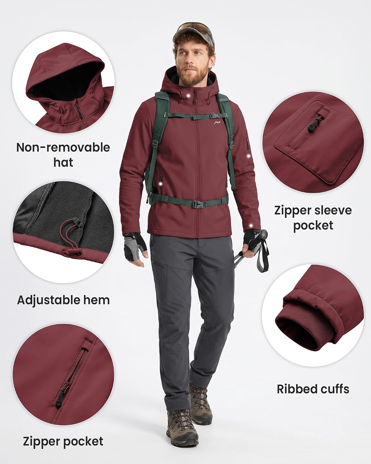 WULFUL Men's Lightweight Softshell Jacket Warm Fleece Lined Windbreaker Waterproof Soft Shell for Outdoor Hiking