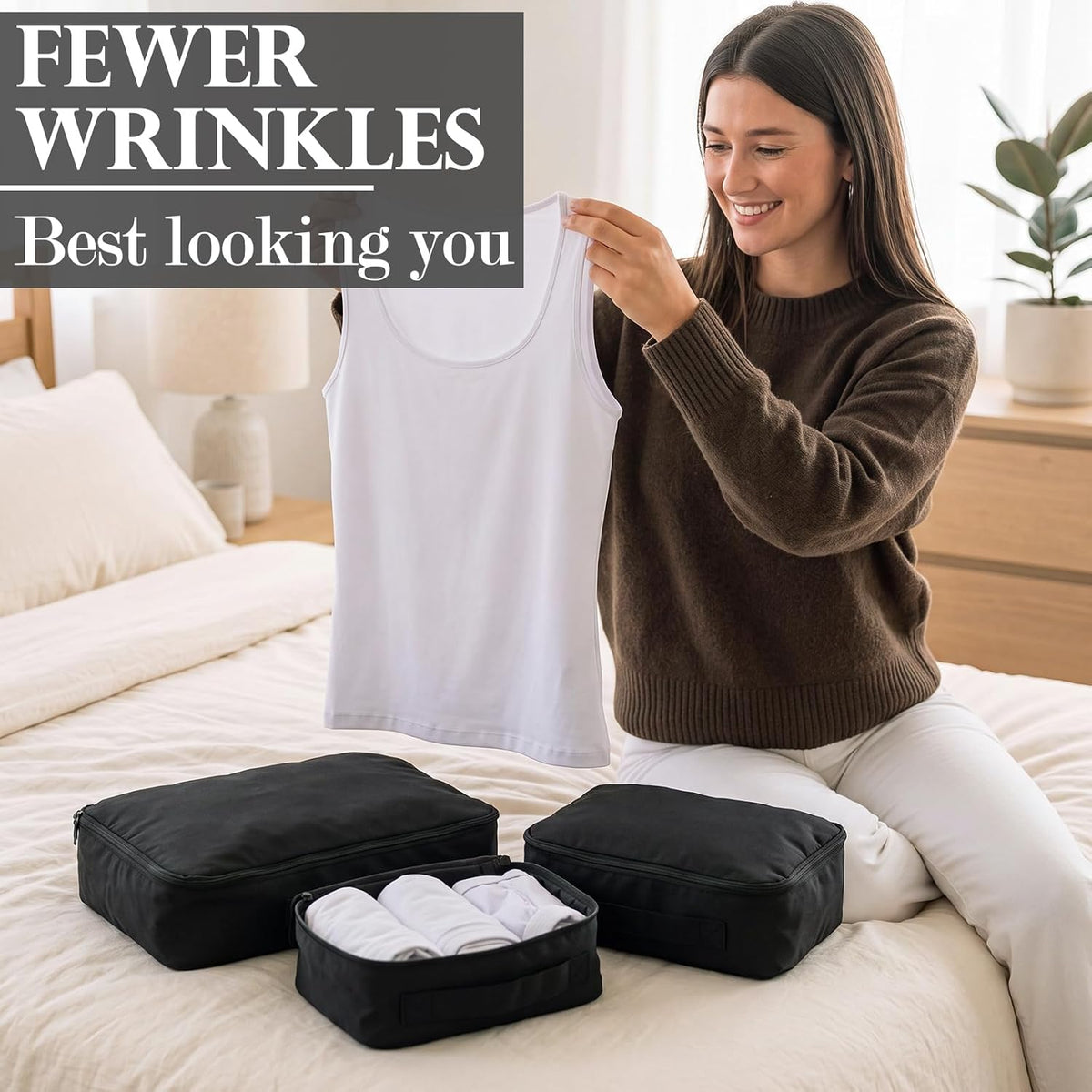 Shinymoon 3 Set 100% Cotton Packing Cubes 3 Sizes Regular Black