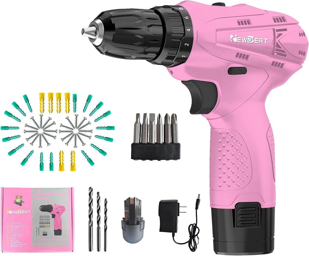 12V Cordless Drill Set with 2 Battery, Pink Drill for Women