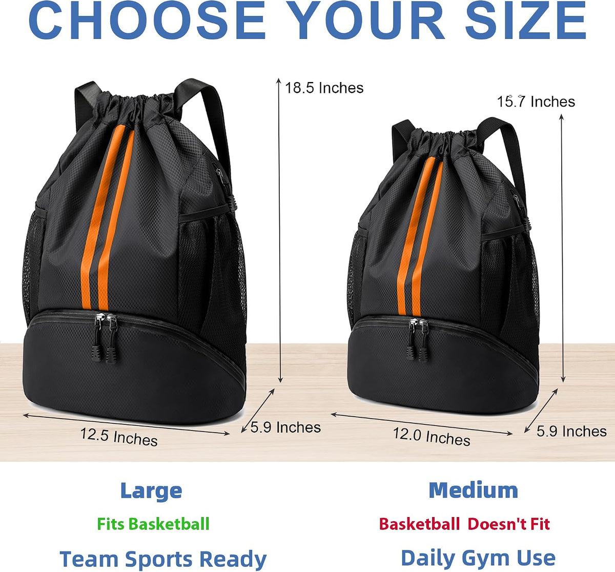 JELUTAR Drawstring Backpack Gym Bag with Shoes Pocket, Black Orange