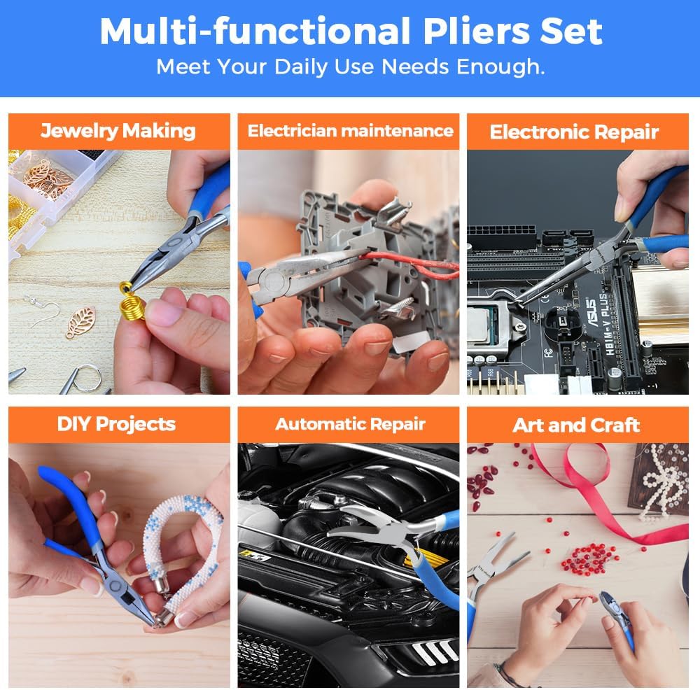 LIFEGOO 5 Pieces Mini Pliers Set – Durable Precision Tool Kit for Crafts, Jewelry & DIY, Includes Long Needle Nose, Bent Nose, Diagonal, End Cutting, Nipper (Blue)