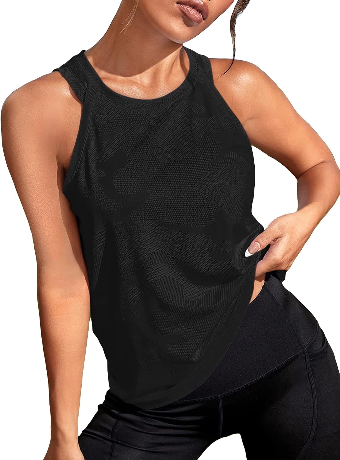 OYOANGLE Women's Camo Print Sleeveless Workout Running Tank Tops Yoga Shirt