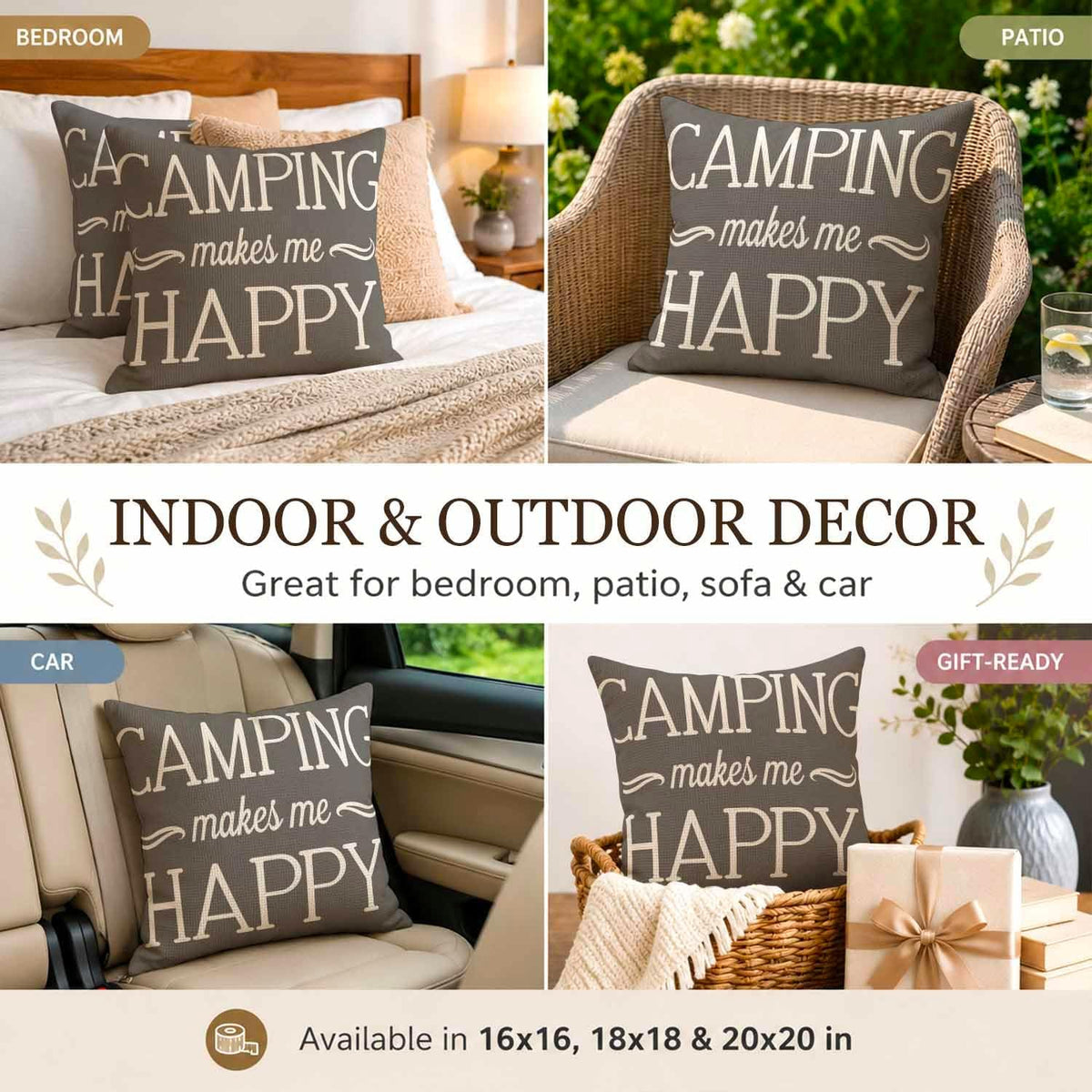 Camping Makes Me Happy Pillowcases Set of 2 18x18 Gray Background Throw Pillow Covers Pillow Cushion Case Polyester Linen for Sofa Couch Bedroom Living Room Car