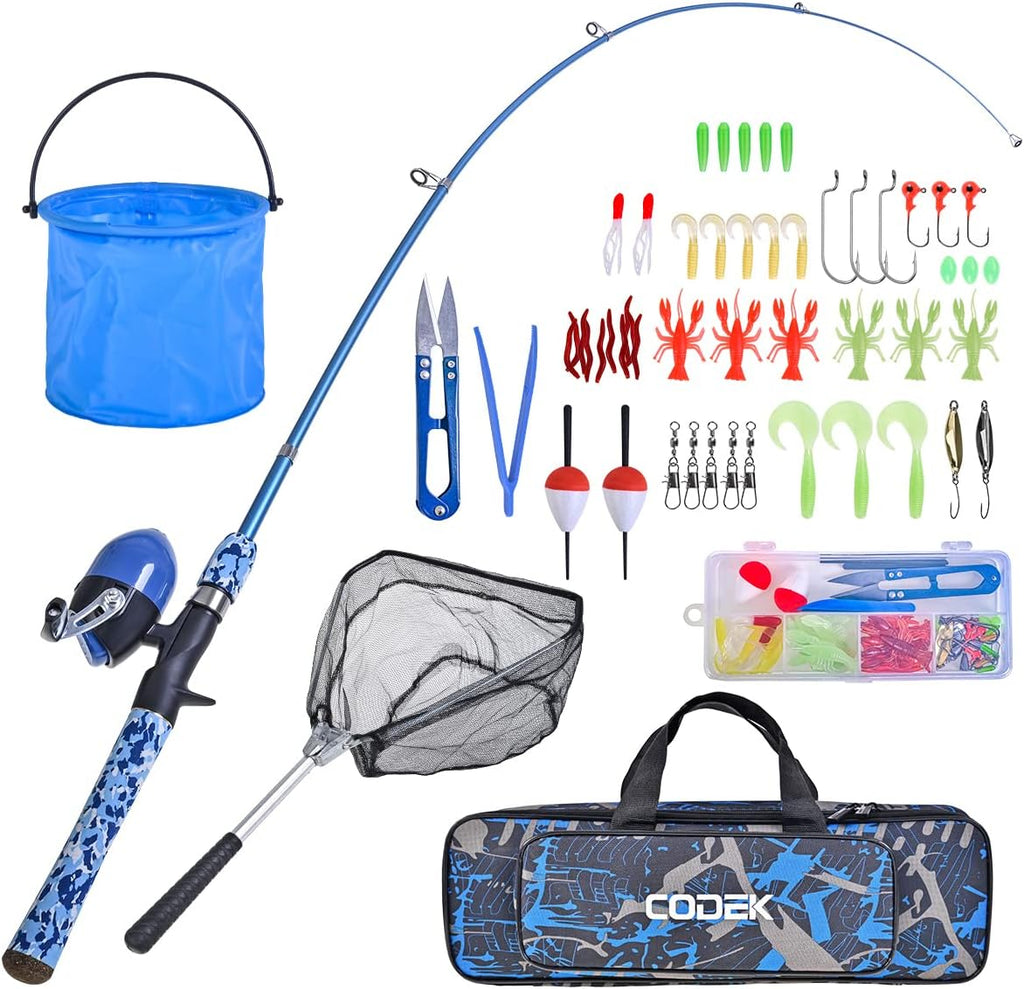 CODEK Kids Fishing Pole Set with Full Starter Kits 2 Set Portable Telescopic Fishing Rod and Spincast Reel Cambos with a Fishing Net and 2 Buckets for Boys Girls and Youth