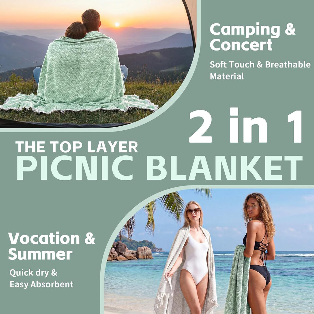 RYCHIC 2 in 1 Extra Large Outdoor Rug Picnic Mat Woven Summer Throw Blanket Boho Giant Beach Travel Essential Yoga Accessories Park Patio Lawn Garden Grass Ground Play Music Festival Concert Must Have