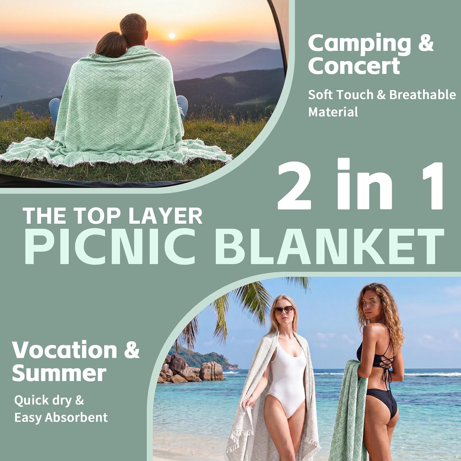 RYCHIC 2 in 1 Extra Large Outdoor Rug Picnic Mat Woven Summer Throw Blanket Boho Giant Beach Travel Essential Yoga Accessories Park Patio Lawn Garden Grass Ground Play Music Festival Concert Must Have