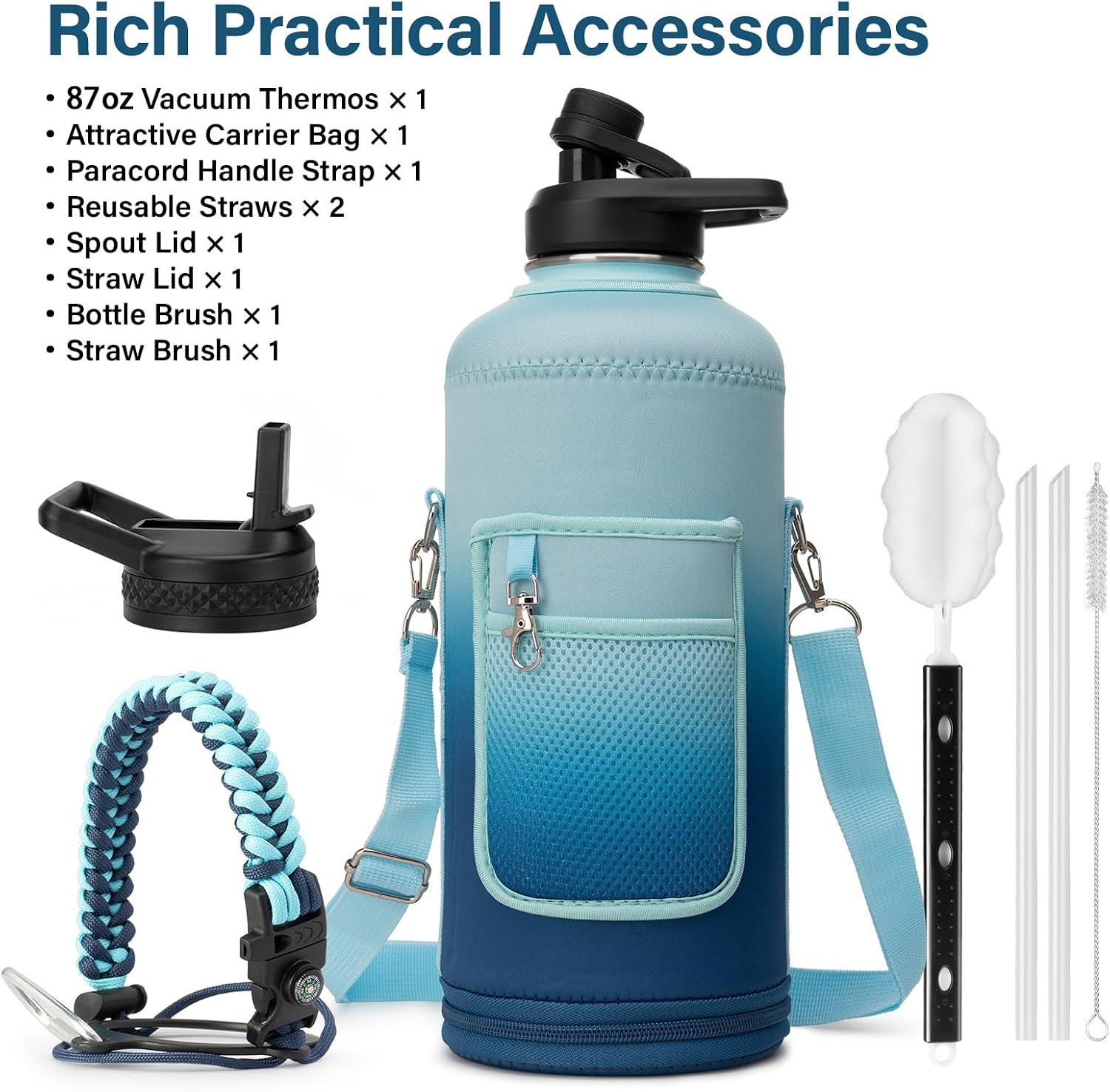 DYSANKY Insulated Water Bottle | Thickened Stainless Steel for Gym and Hiking with Straw, Carrier Bag, Handle Strap | BPA-Free 87 oz