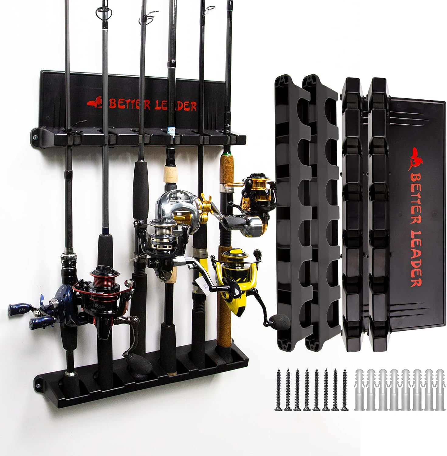 Fishing Rod Holder for Garage, 2-Pack Wall Mount Fishing Pole Rack Holds Up to 12 Rods or Combos, Vertical Rod Storage Organizer with Soft EVA Grip Pads, Fits Most Fishing Rods 3-19mm