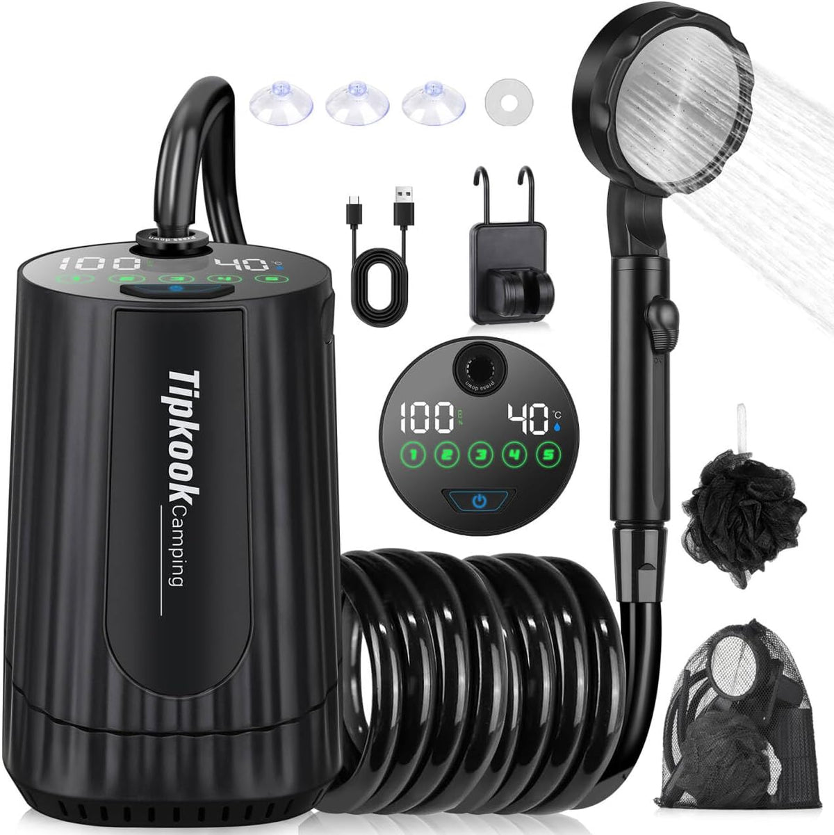 Portable Shower for Camping: 10000 mAh Rechargeable Shower, IPX8 Waterproof,High-Pressure Flow Camp Shower Pump,5-Speed Outdoor Shower with LED Display, Camping Gifts, Dog Bath, Hiking