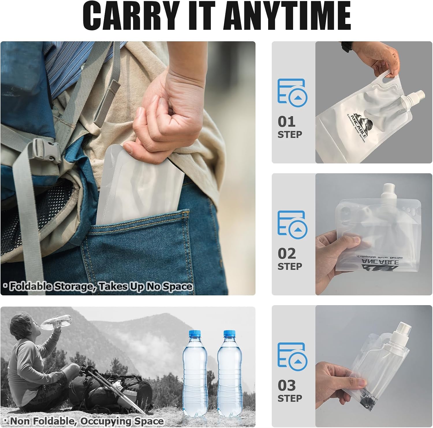 Ancable 1L Hiking Collapsible Water Bottles, 4-Pack 33OZ BPA-Free Foldable Backpacking Water Bottle for Travel Camping Hiking