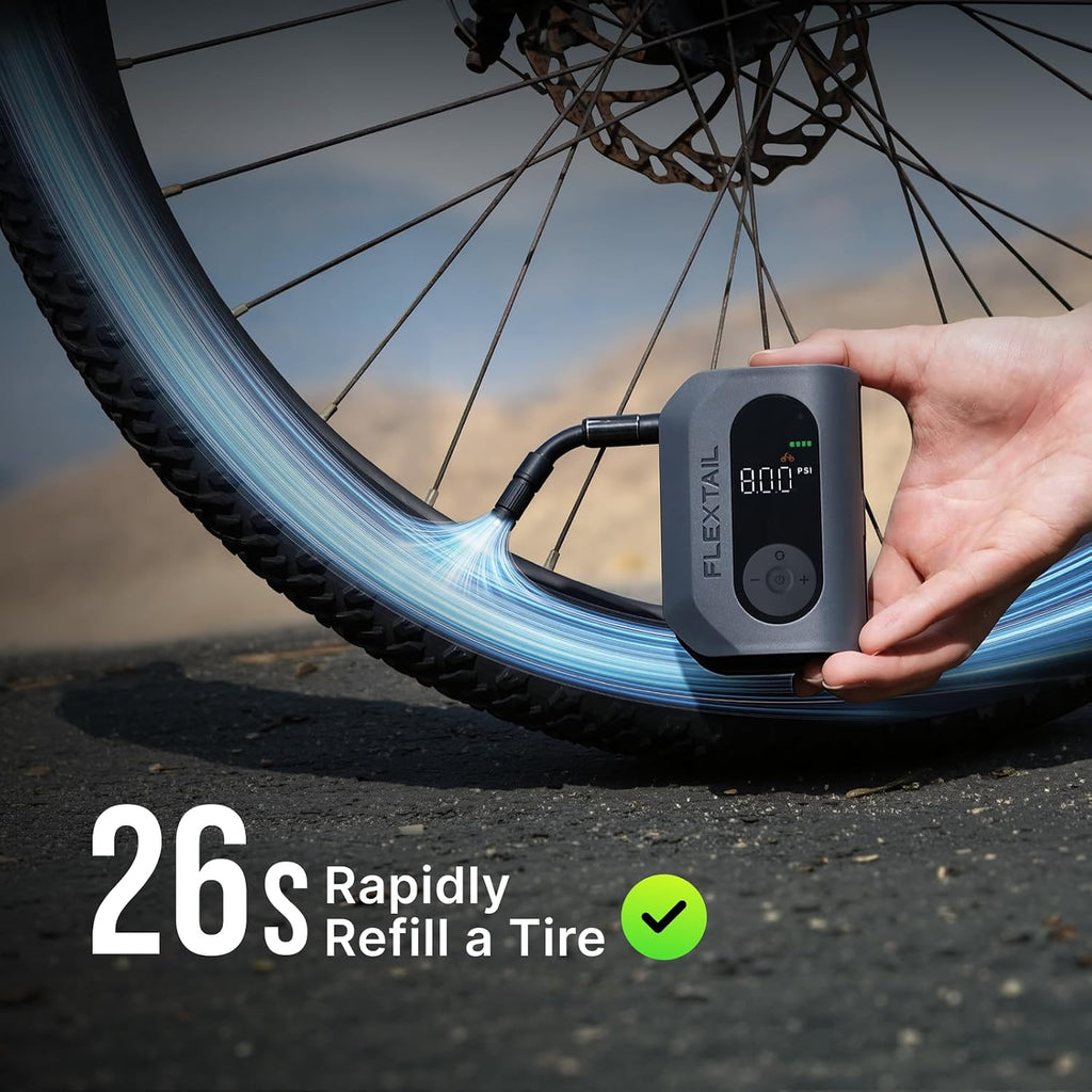 FLEXTAILGEAR Electric Bike Pump Portable 150 PSI, Mini Bike Pump with Magnetic Hose & Auto Shut Off, Rechargeable Bicycle Tire Pump with Digital Gauge & LED Light for Road Bike, MTB, Motorcycle & Ball