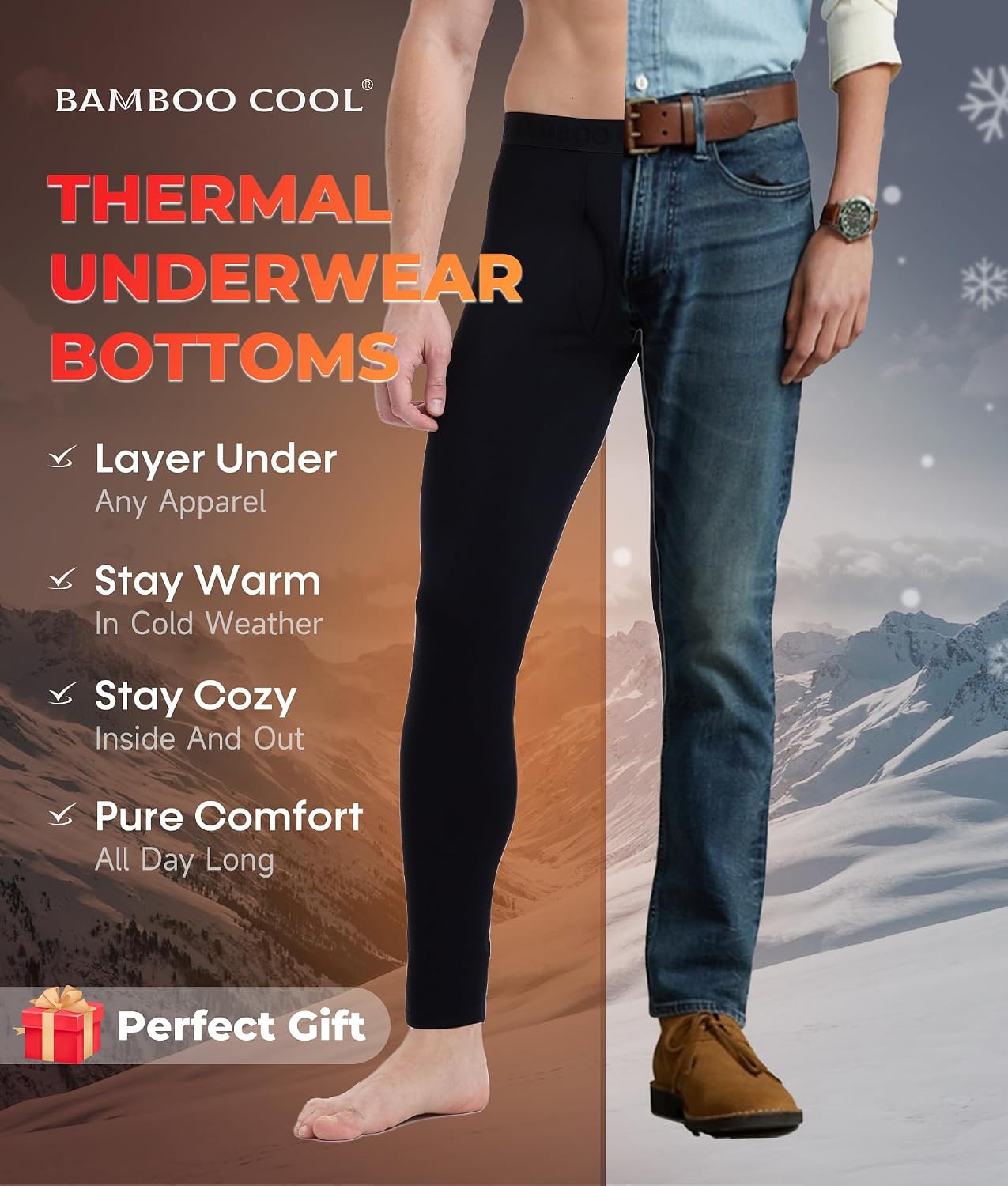 BAMBOO COOL Men's Thermal Underwear Lightweight Fleece Lined