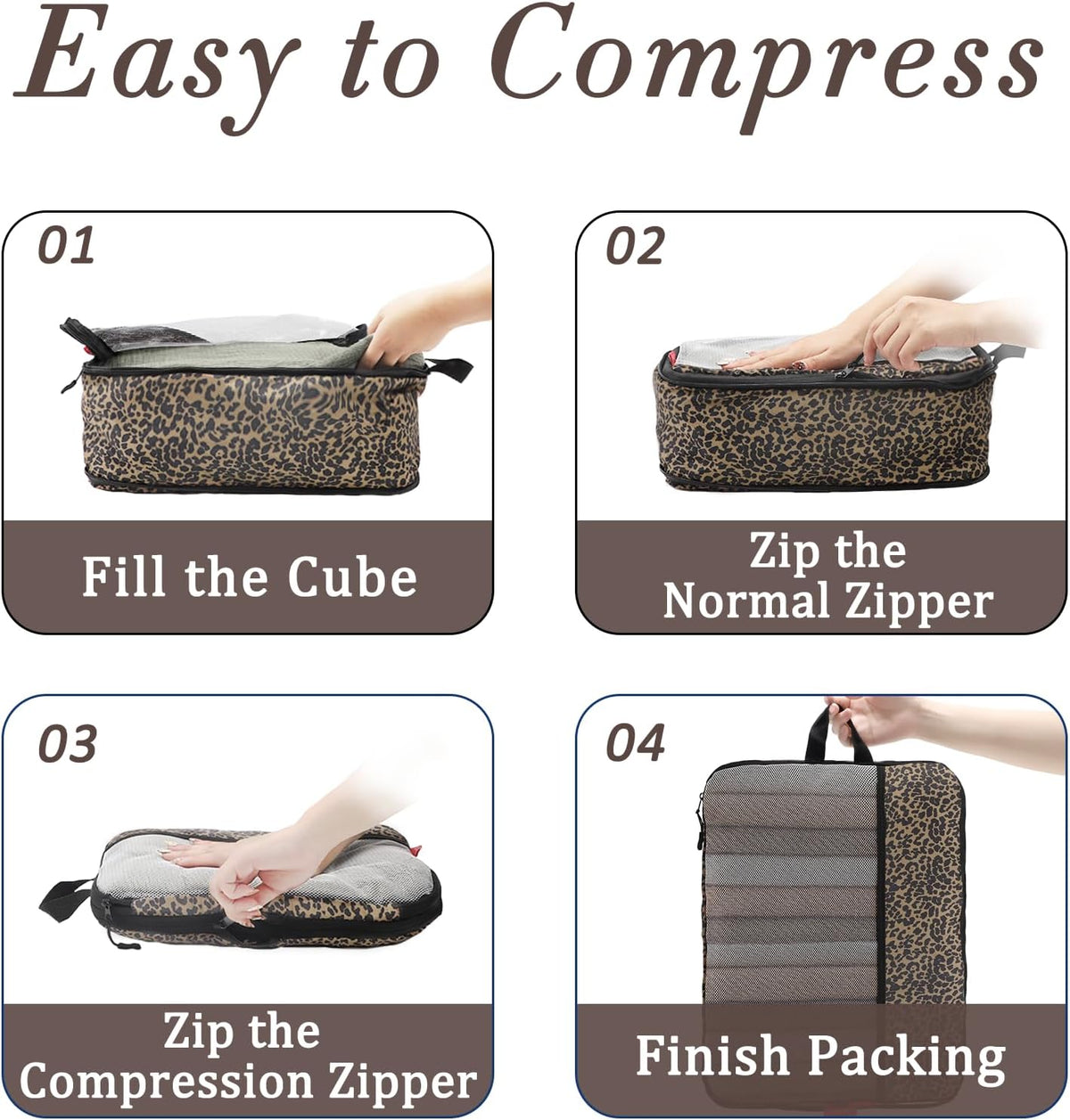 U+U 4 Set Compression Packing Cubes - Ultralight Travel Cubes (Leopard)