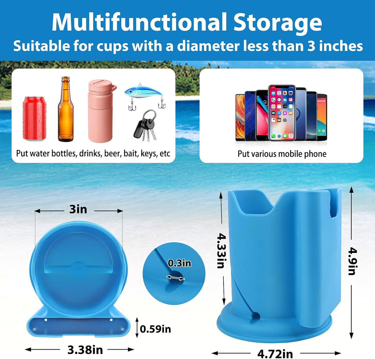 Paddleboard Cup Holder, 2 in 1 Drink Phone Holder for Kayaks SUPs, Blue