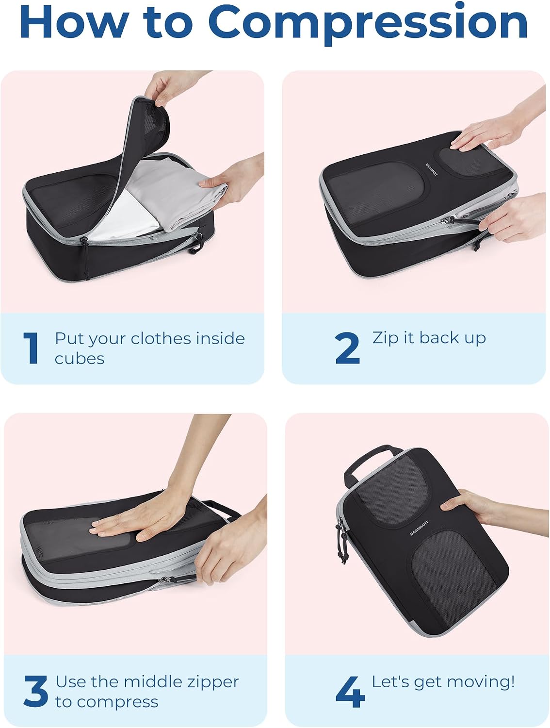 BAGSMART Compression Packing Cubes, 6 Set Packing Cubes for Suitcases, Lightweight Suitcases Organizers Bag Set & Compression Travel Cubes, Travel Essentials Packing Organizers Black