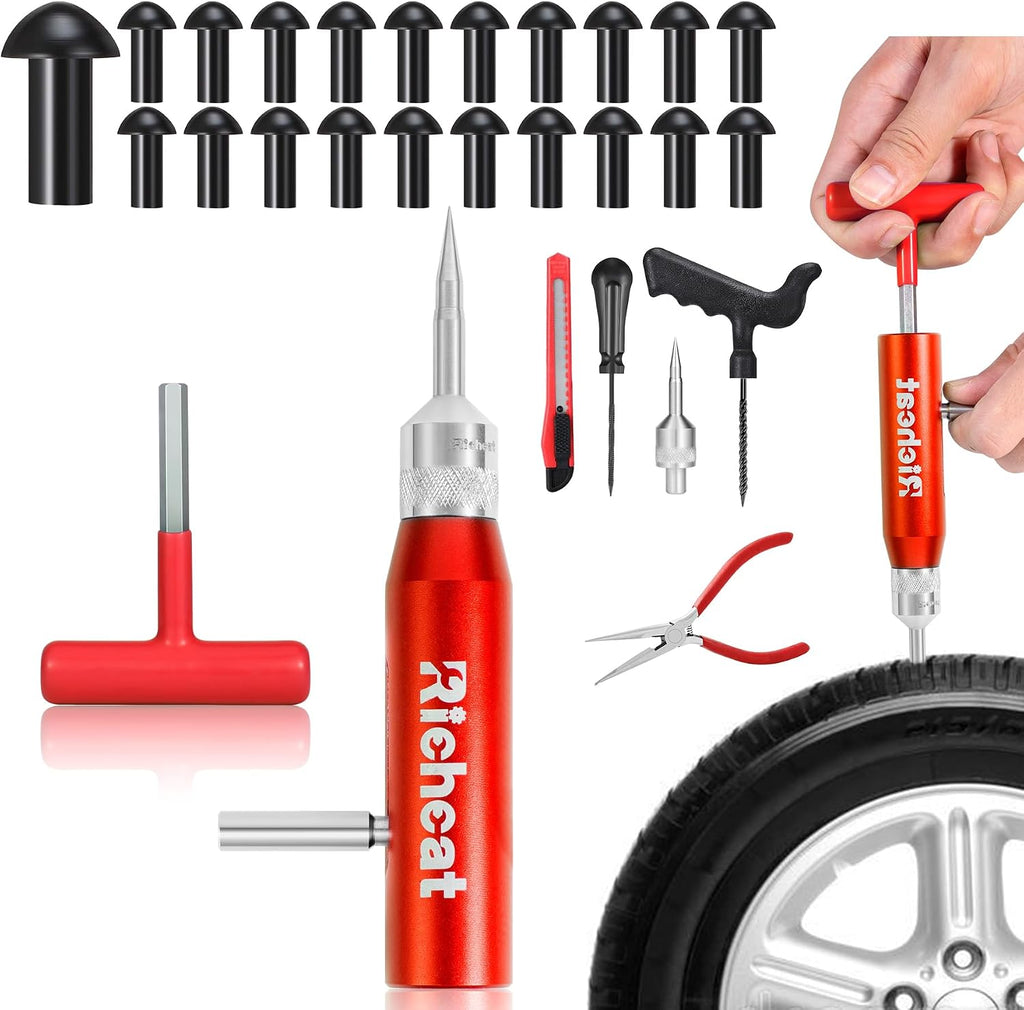 Richcat Tubeless Tire Puncture Repair Kit with Mushroom Plug, Repairs punctures and Flat Tires for Motorcycles, Cars, Trucks, ATVs and Tractors