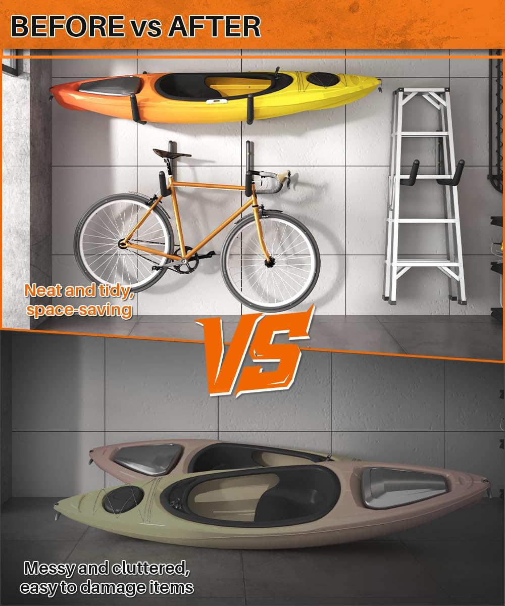 Heavy Duty Kayak Storage Rack with EVA Foam & Rubber Bushing, Wall Mount Kayak Hangers Large Hooks for Garage Hanger Canoe, Surfboard, Skiboard, Snowboard, Paddle Board, Ladders, Bike