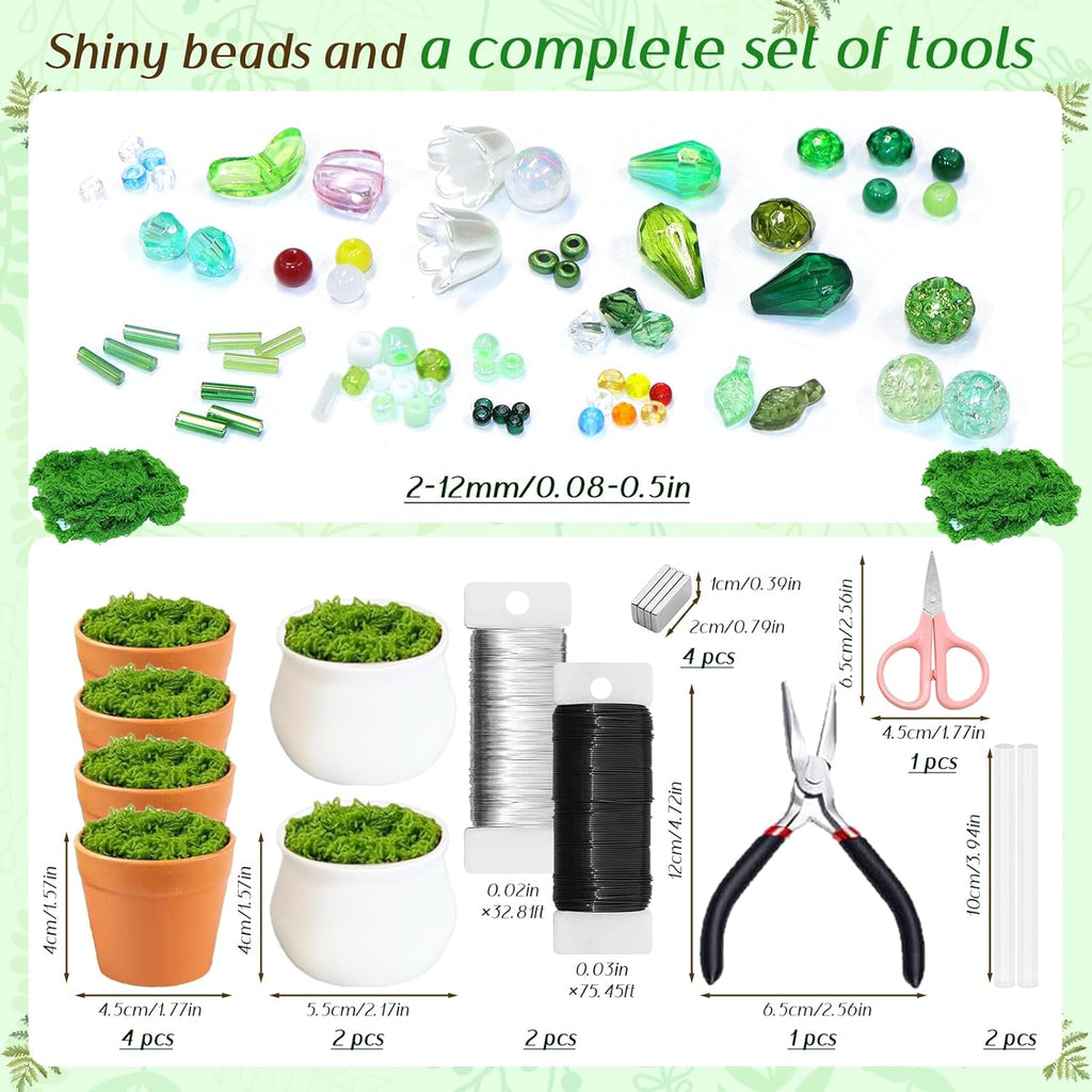 ZYNERY 5600pcs Beaded Plant Kit, Green Glass Beads, with A Full Set of Tools Green Beads Kit Glass for Making Succulent Jewelry and DIY Crafts Fridge Magnets