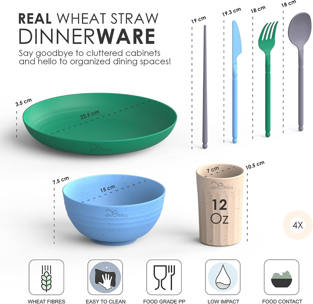 Wheatstraw Dinnerware Set for 4 - Camping Dishes & Utensils - Microwavable Plates - Alternate To Plastic Plates And Bowls - Camping Kitchen Set - Rv Dinnerware - Wheat Straw Dorm Dishes