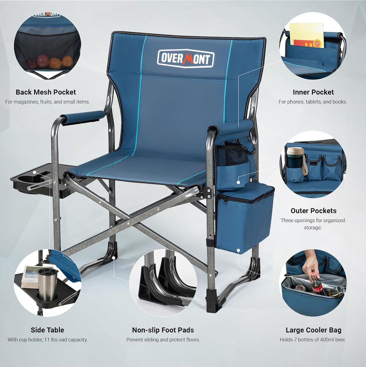 Overmont Folding Camping Chair with Side Table, Cooler Bag, 400 lb Capacity